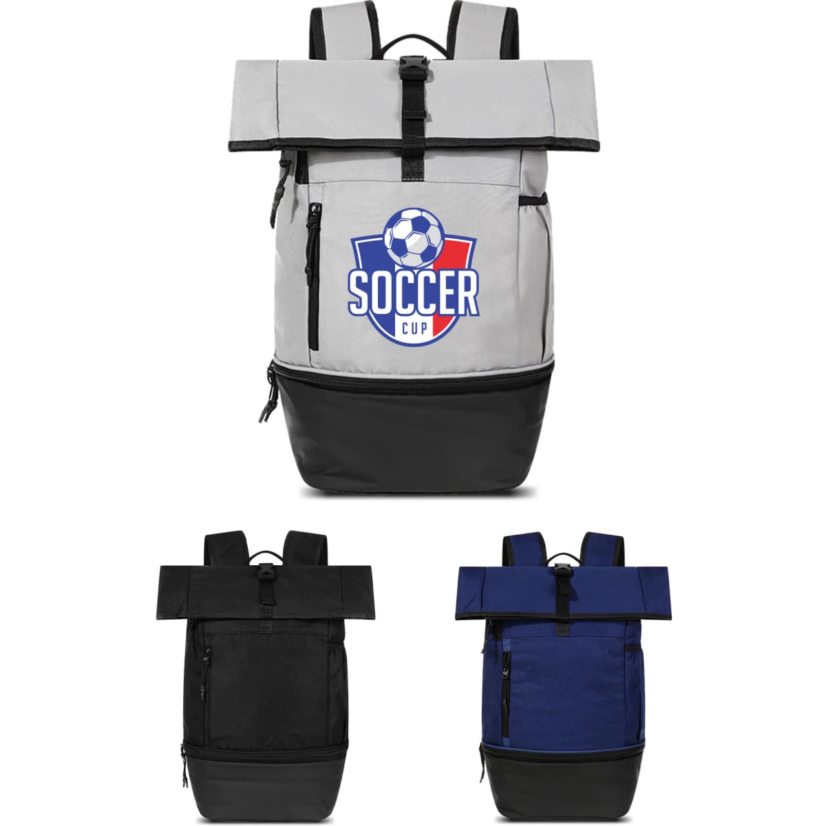 A grey and black Sports Roll Top Backpack with a logo, featuring additional black and navy options below.