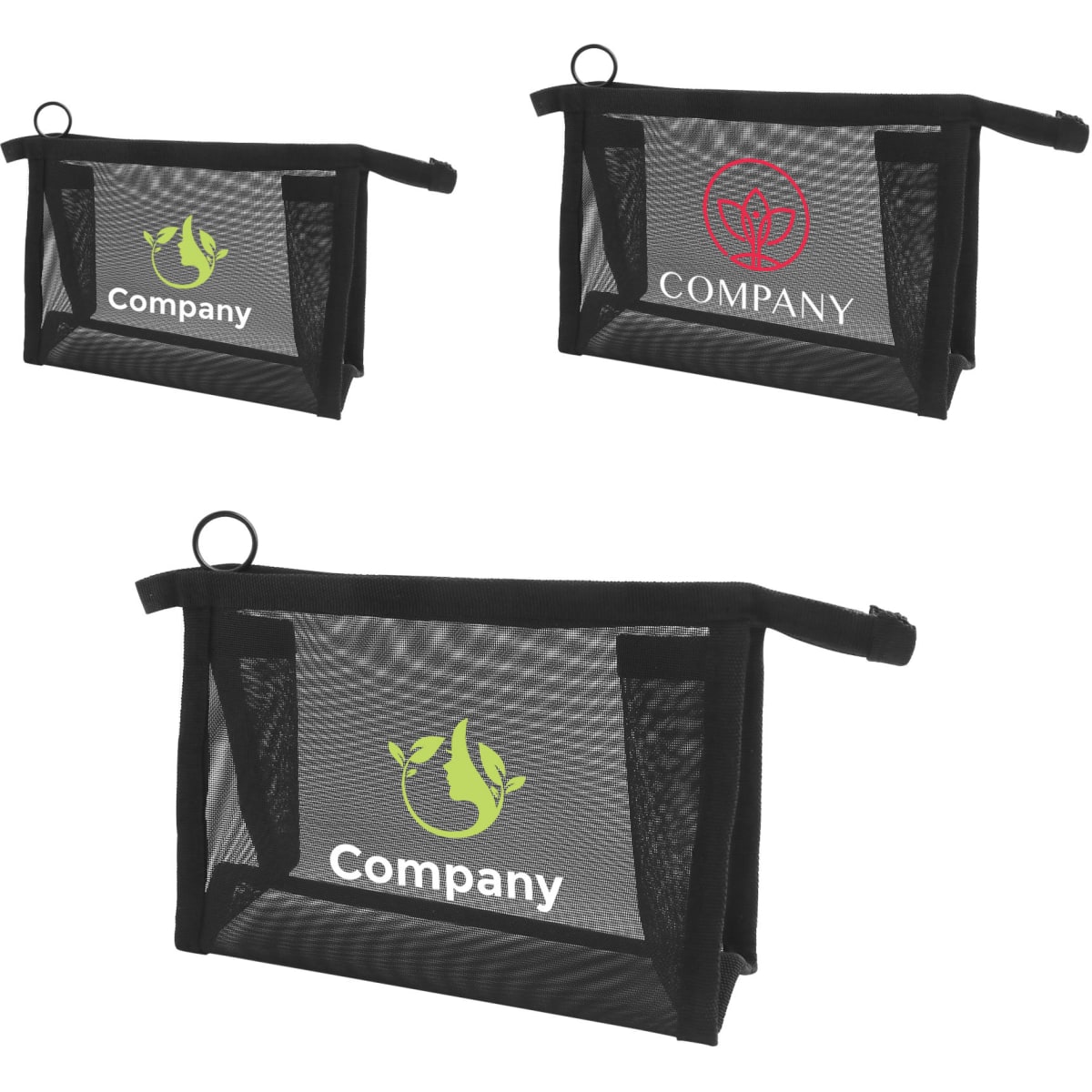 A set of three triangular nylon mesh cosmetic bags in black, featuring different logos on the front.