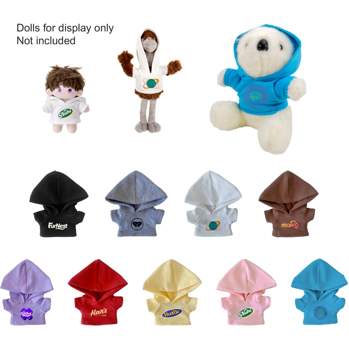 A collection of plush dolls wearing various coloured hoodies, including black, blue, pink, and yellow, with logo branding.