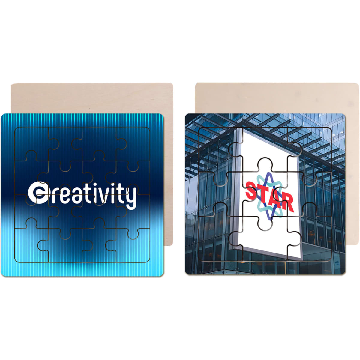 Wooden jigsaw puzzles featuring a blue gradient design and a puzzle piece with a building image, both with backing.
