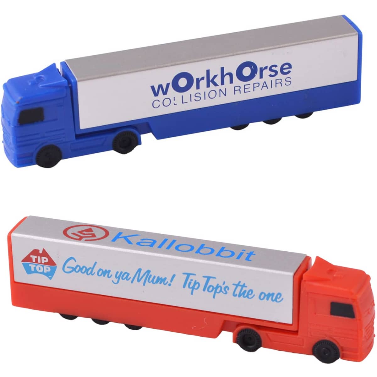 A truck-shaped flash drive in blue and orange with branding on the sides.