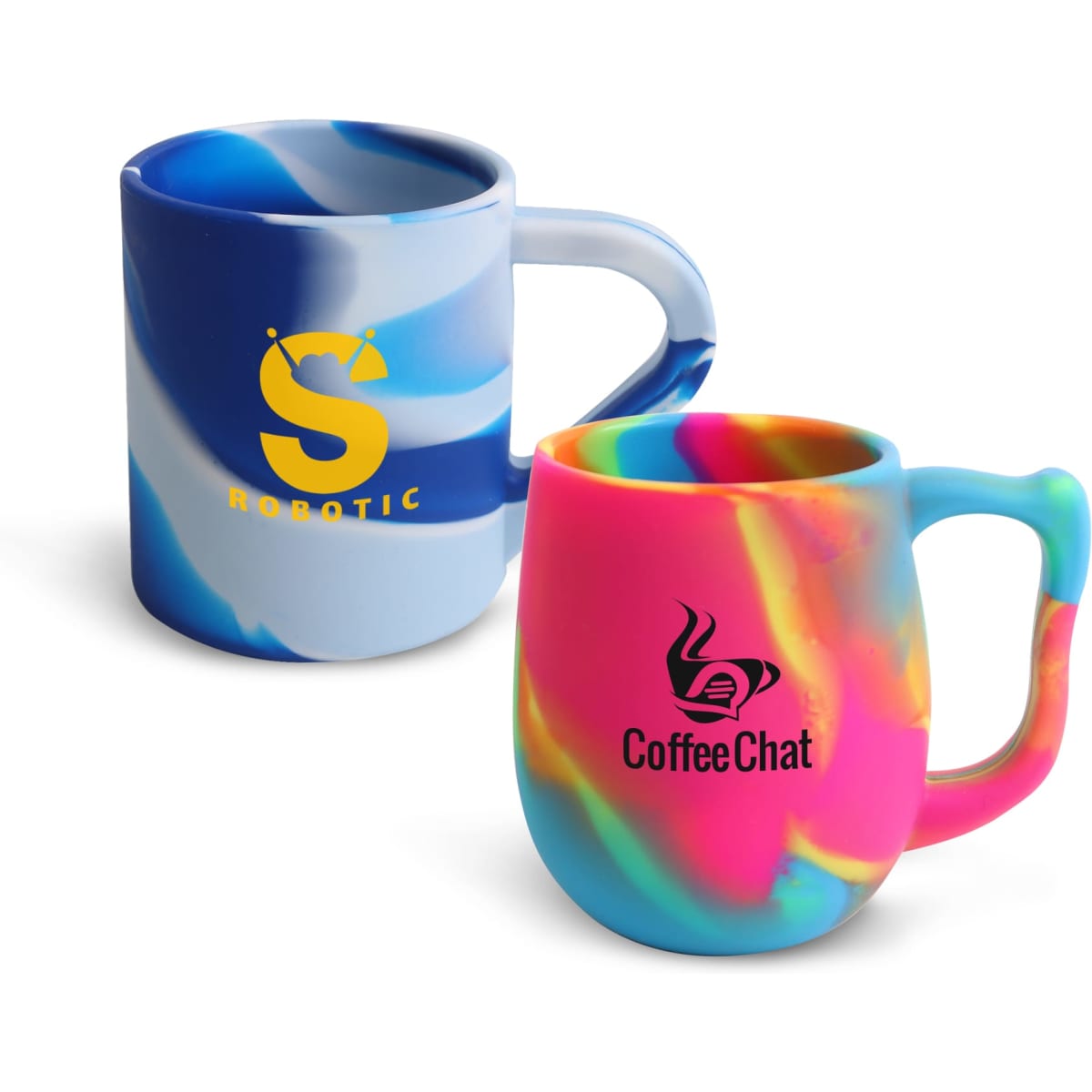 Two custom silicone mugs in vibrant blue and multicoloured designs, each featuring a logo.