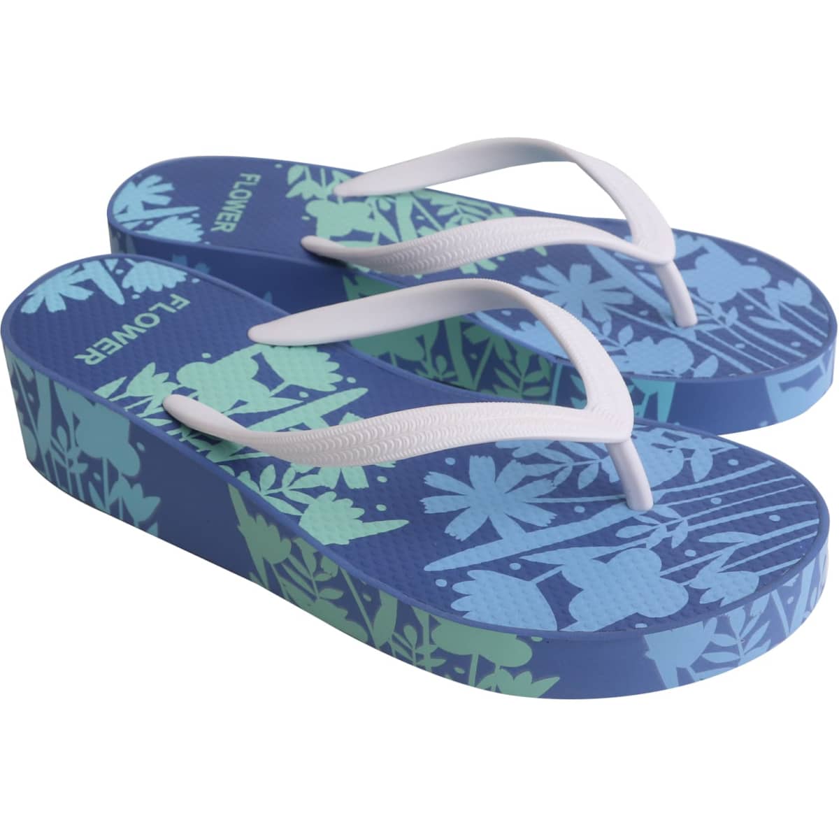 A pair of blue and green rubber platform thongs featuring a nature-inspired design and white straps.