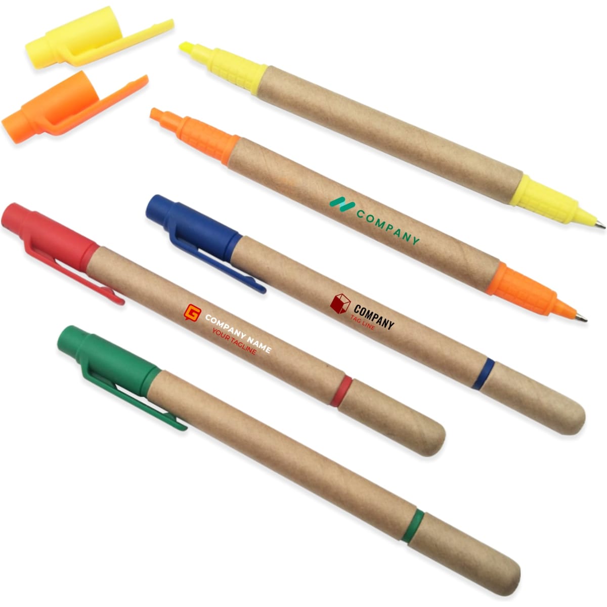 A collection of paper tube highlighters and pens in yellow, orange, blue, red, and green, featuring various branding.