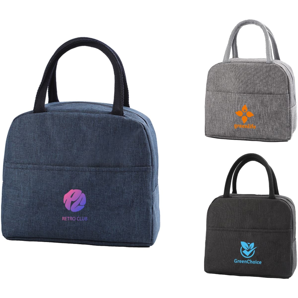 A cooler lunch bag in navy blue, grey, and black, each featuring different logos. The bags have sturdy handles.