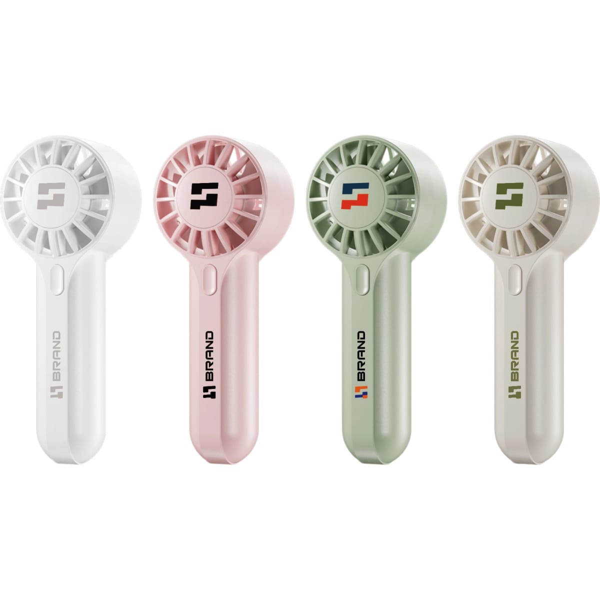 A set of four handheld fans in white, pink, green, and cream, each featuring a logo on the front.