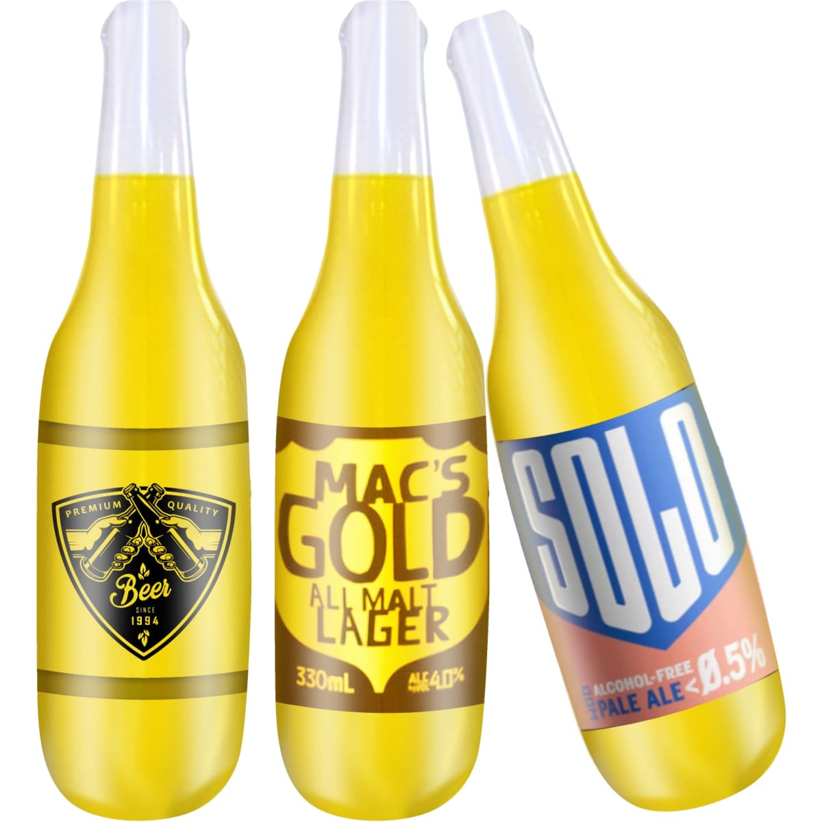 A drink bottle trio, featuring three inflatable beer bottles in yellow with various labels and logos.