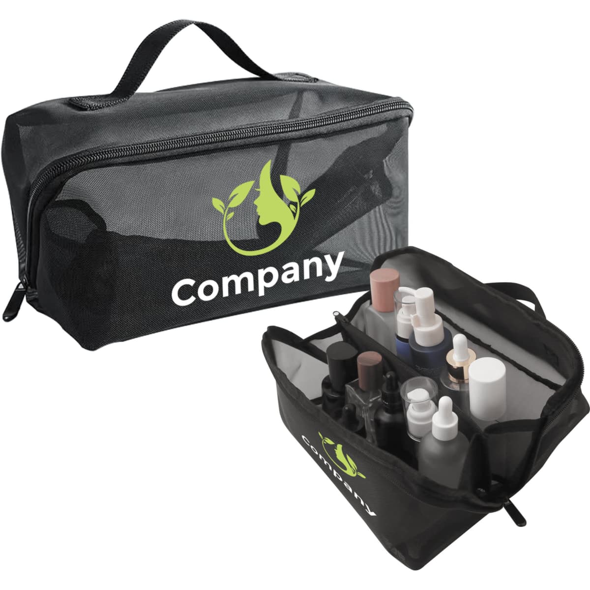 A large capacity black nylon mesh cosmetic bag with various bottles and containers inside. It features a logo.