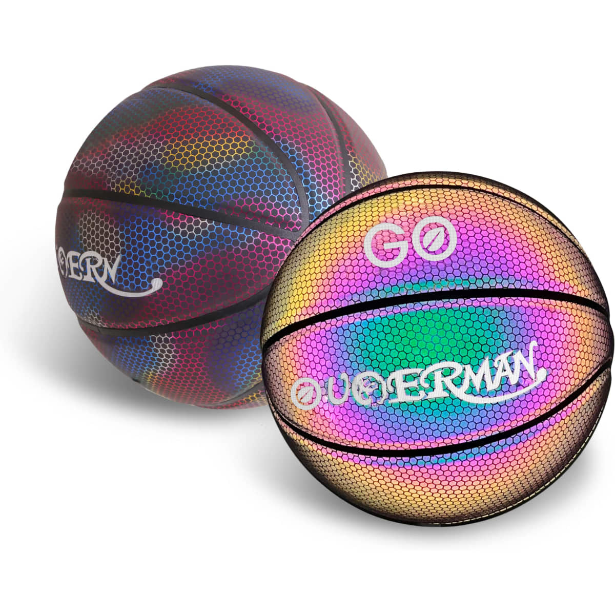 A holographic basketball in shades of purple, blue, and pink, featuring a logo on its surface.