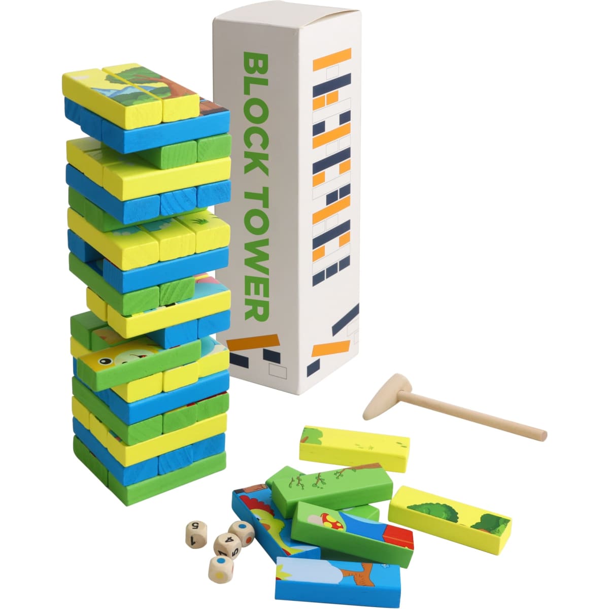 A colourful block tower set featuring green and blue blocks, a wooden hammer, and dice, packaged in a box.
