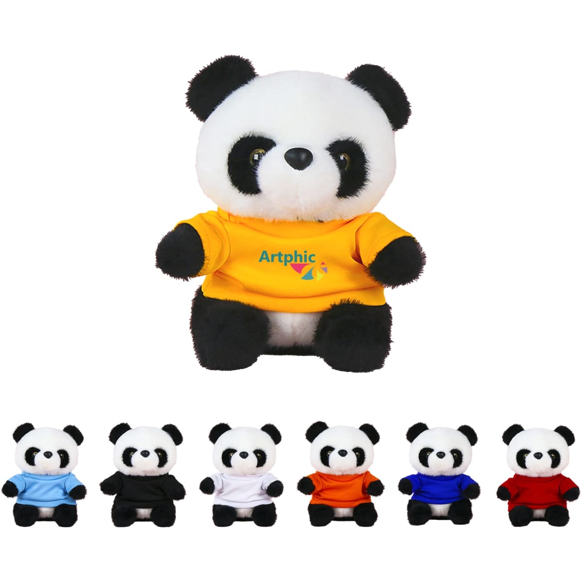 A plush toy panda wearing a yellow shirt, with additional pandas in various coloured shirts displayed below.