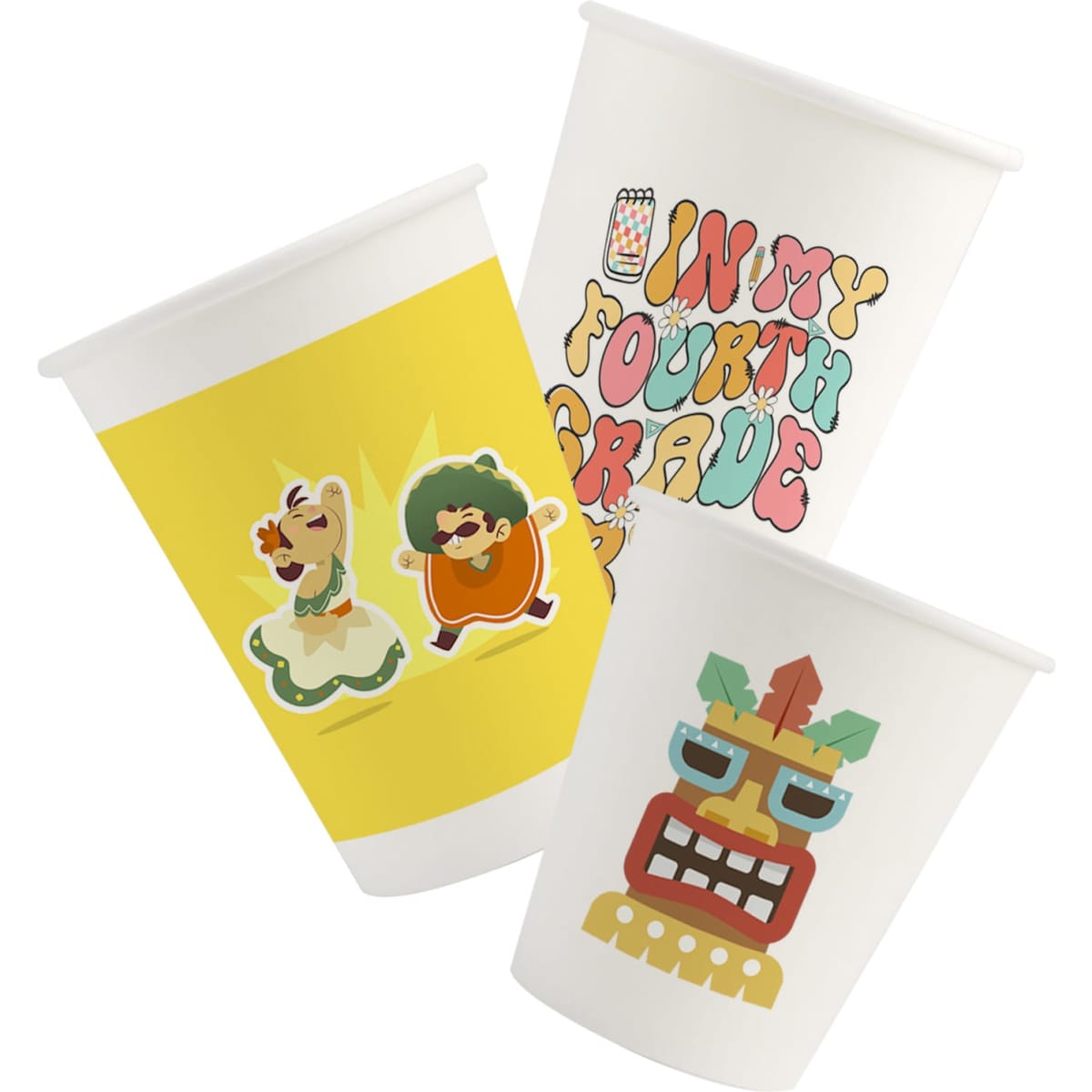 A set of three custom disposable single wall paper cups in white and yellow, featuring various playful illustrations.