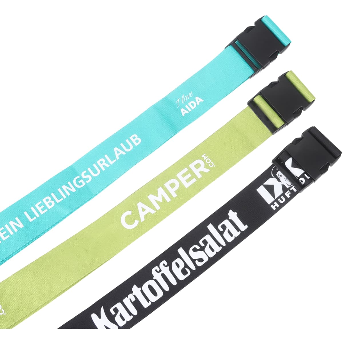 Three poly ribbed luggage belts in teal, lime green, and black, featuring different designs and buckles.