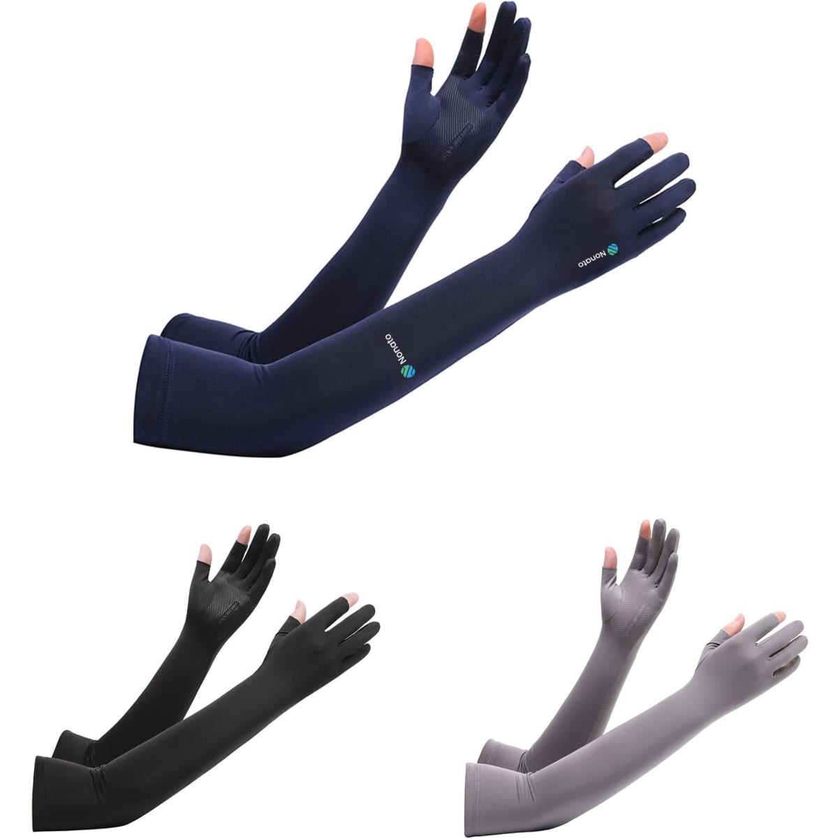 Long sleeve sun protective gloves in navy, black, and grey with two open fingers and a logo.
