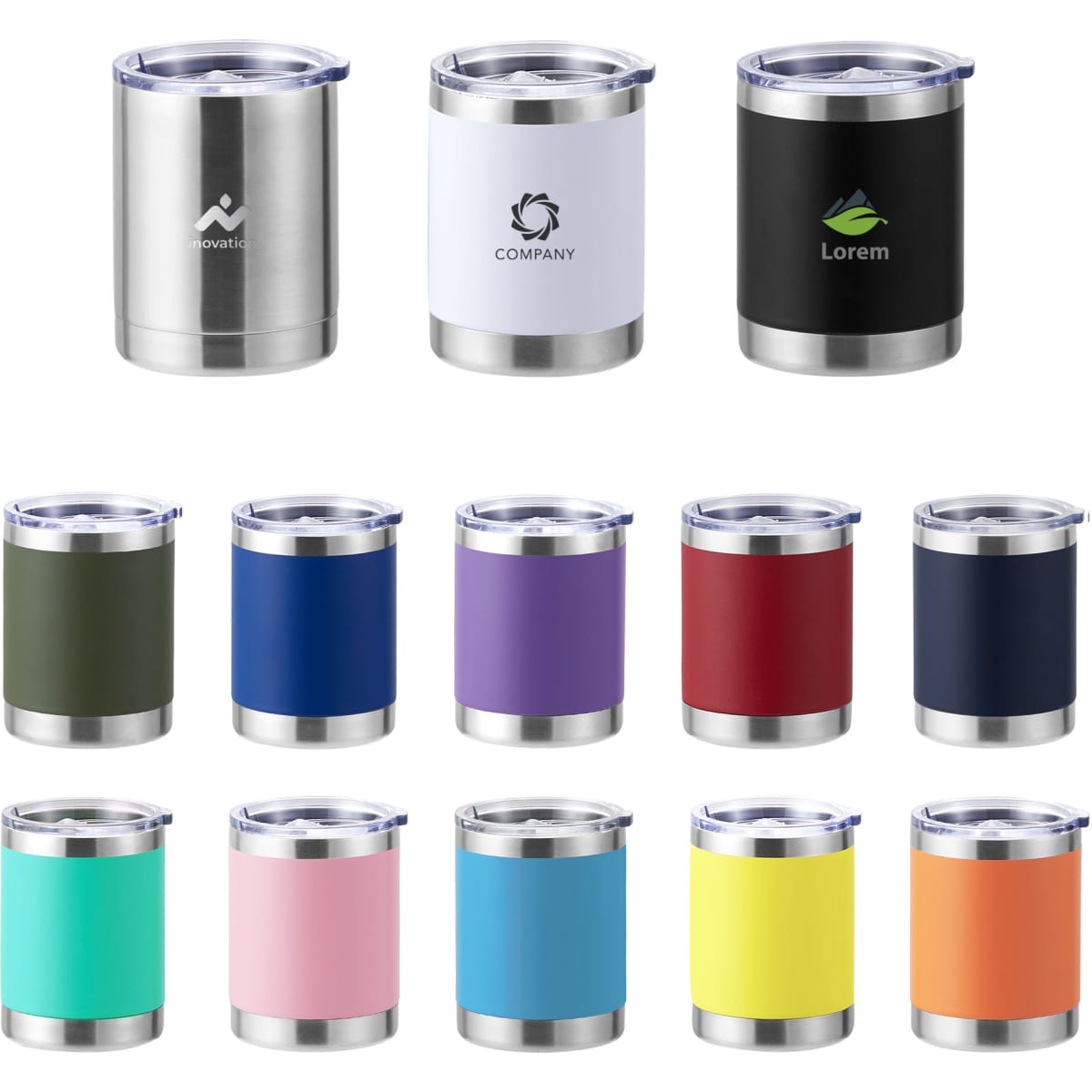 A collection of 350ML stainless steel double wall travel mugs in various colours, featuring different logos.
