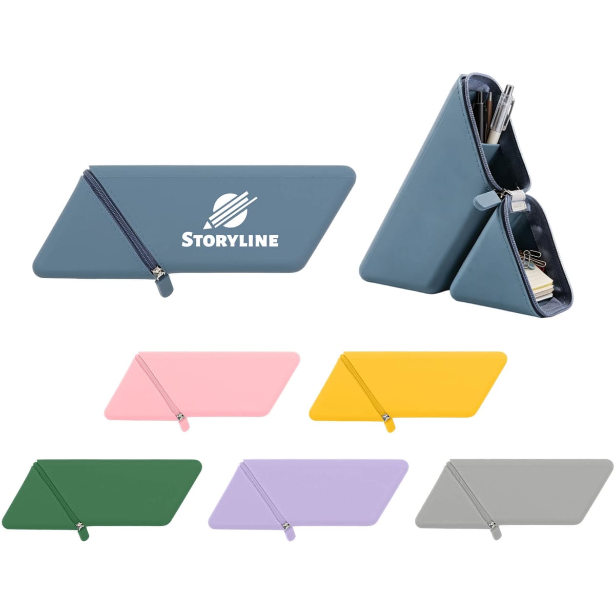 A silicone pen holder in various colours, featuring a logo, designed to hold writing instruments and office supplies.