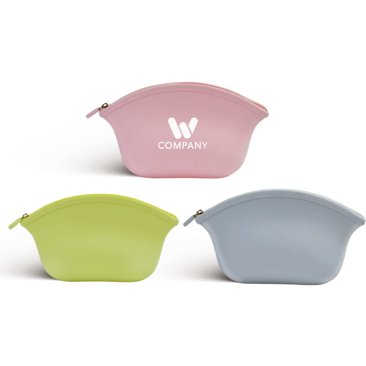 A set of silicone cosmetic bags in pink, green, and blue, each with a simple logo.