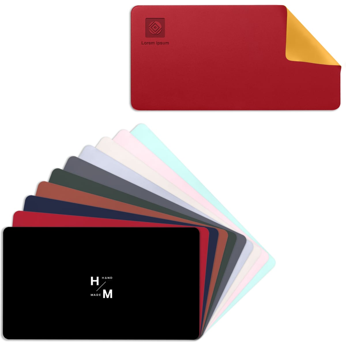 A red and gold PU leather desk mat with a variety of other coloured mats in different shades. The mats feature logos.