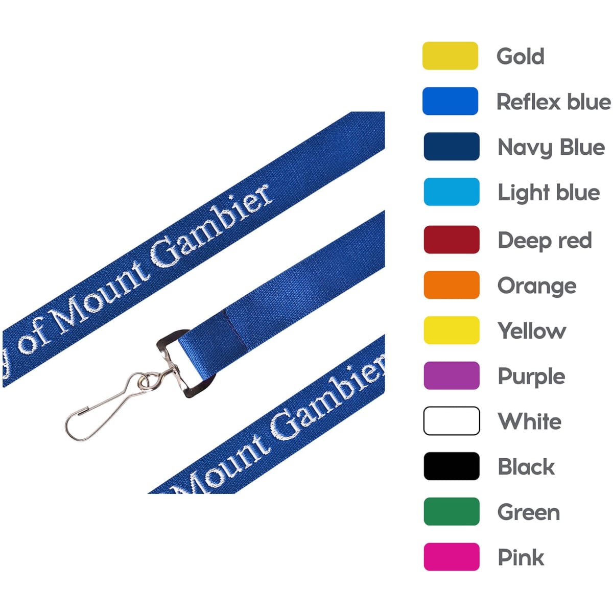 A woven lanyard in navy blue with a clip, alongside a colour guide featuring various options.