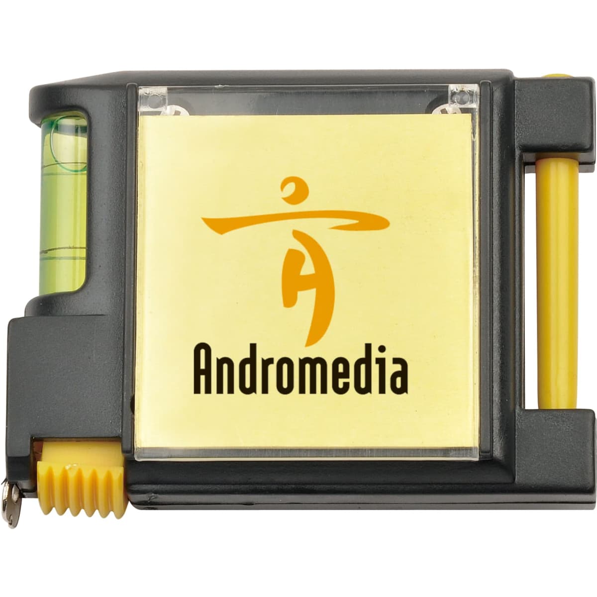 A black and yellow multifunctional tape measure with a level and a logo on the front.