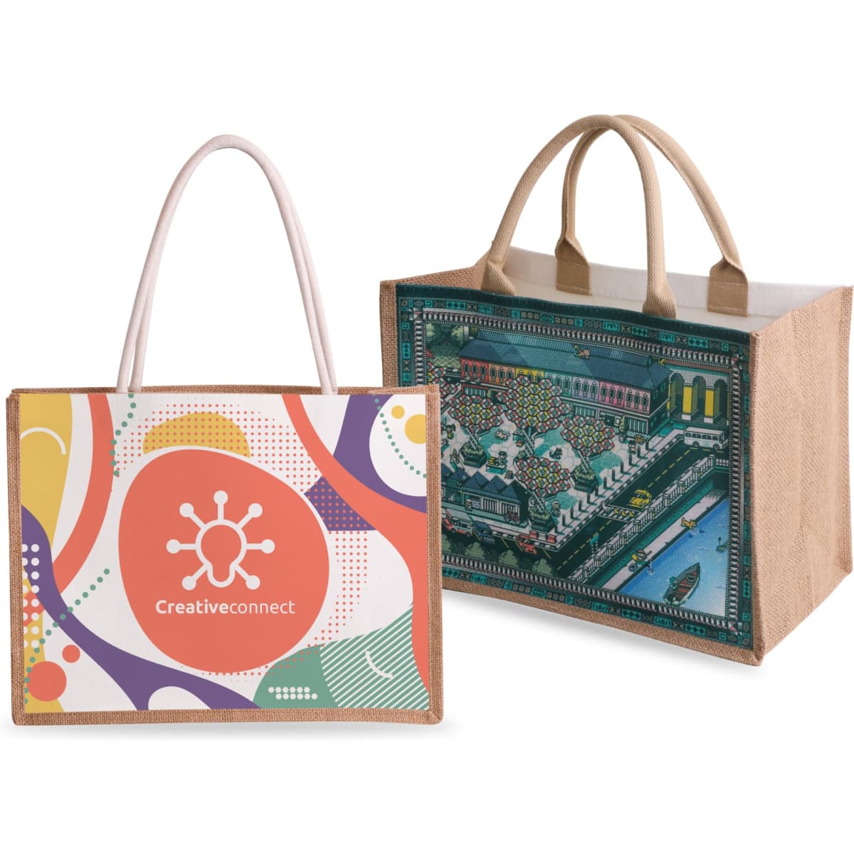 Two tote bags are displayed: one is canvas with a colourful design and logo, while the other is jute with a detailed illustrated scene.