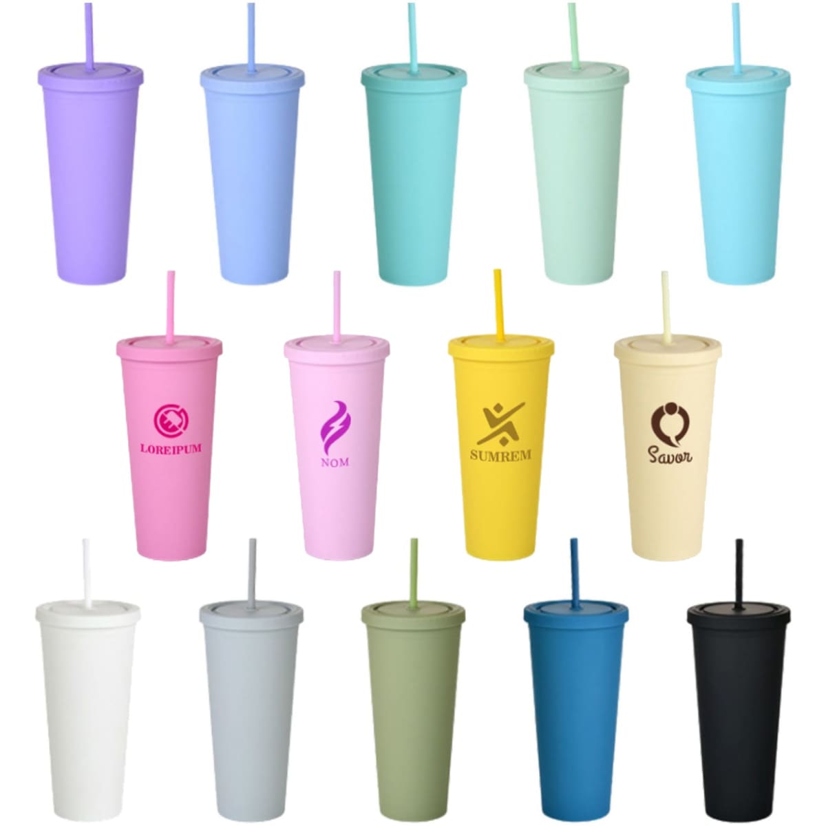A collection of 24oz matte plastic cups in various pastel and bold colours, each with lids and straws, featuring different logos.