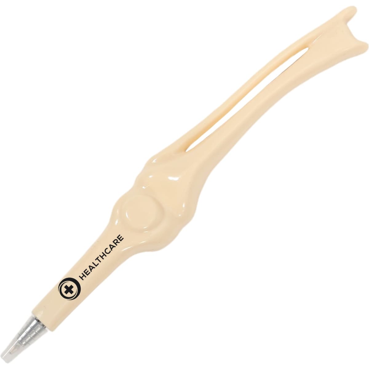 A beige pen shaped like a knee joint, featuring a branded logo.