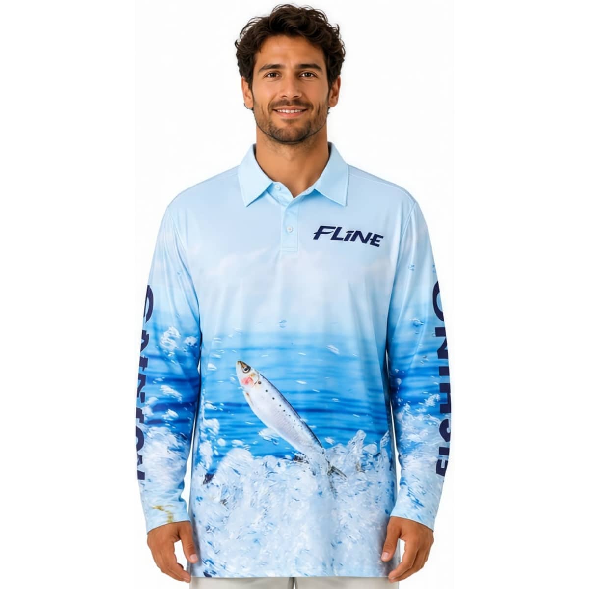A light blue men's polyester spandex polo shirt featuring a fishing design and a logo on the sleeve.