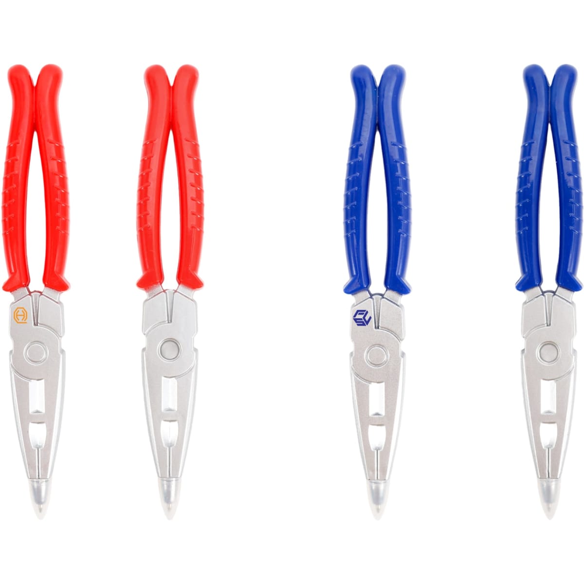 A plier-shaped ballpoint pen featuring red and blue handles, with silver metal detailing. It has a logo on one side.