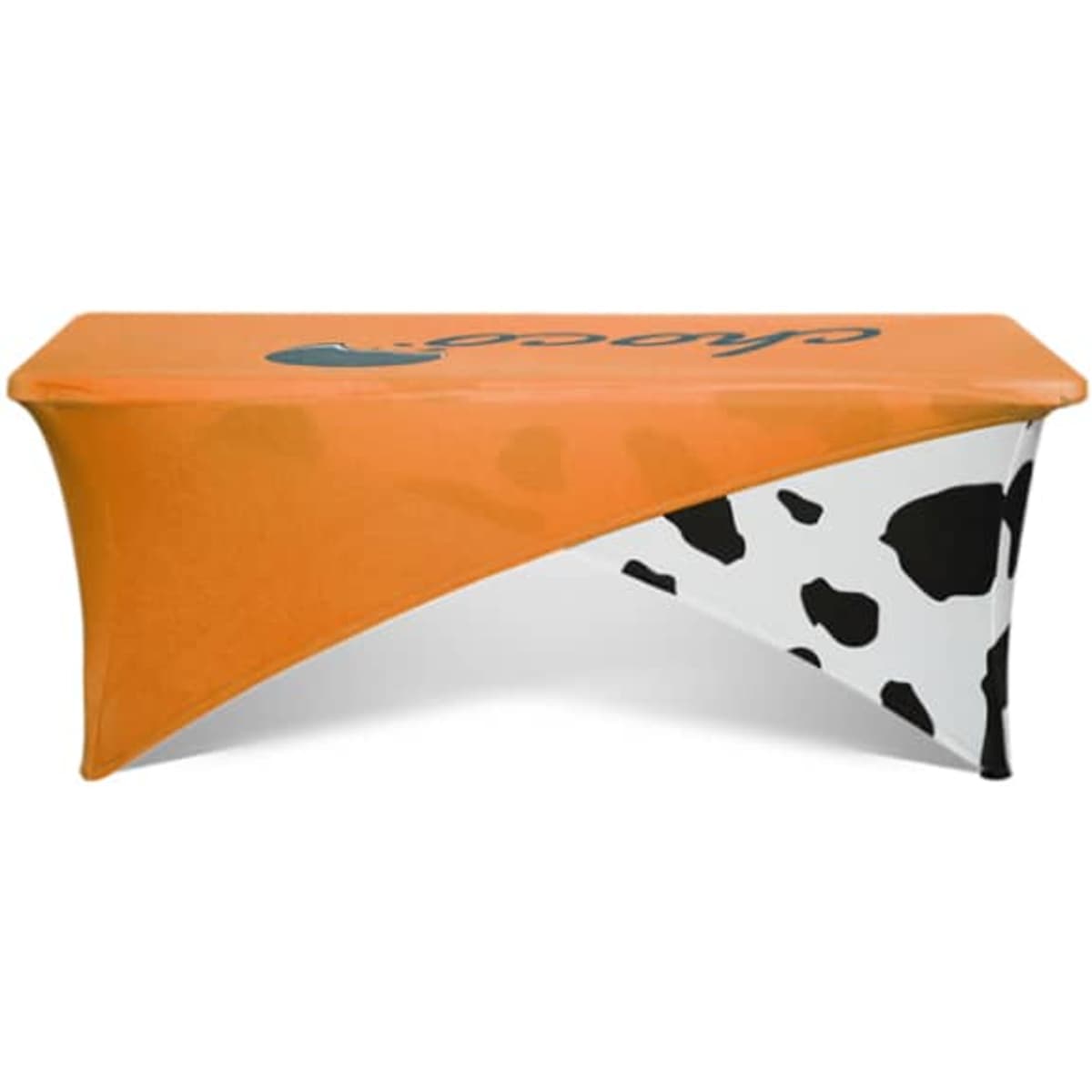An orange and black cow-patterned 6ft stretch tablecloth with a logo.