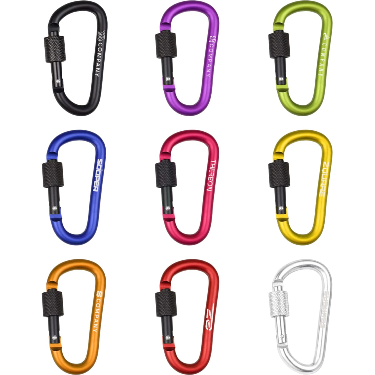 A collection of D-shaped screw lock keychains in various colours, including black, green, purple, yellow, orange, and silver, featuring logos.