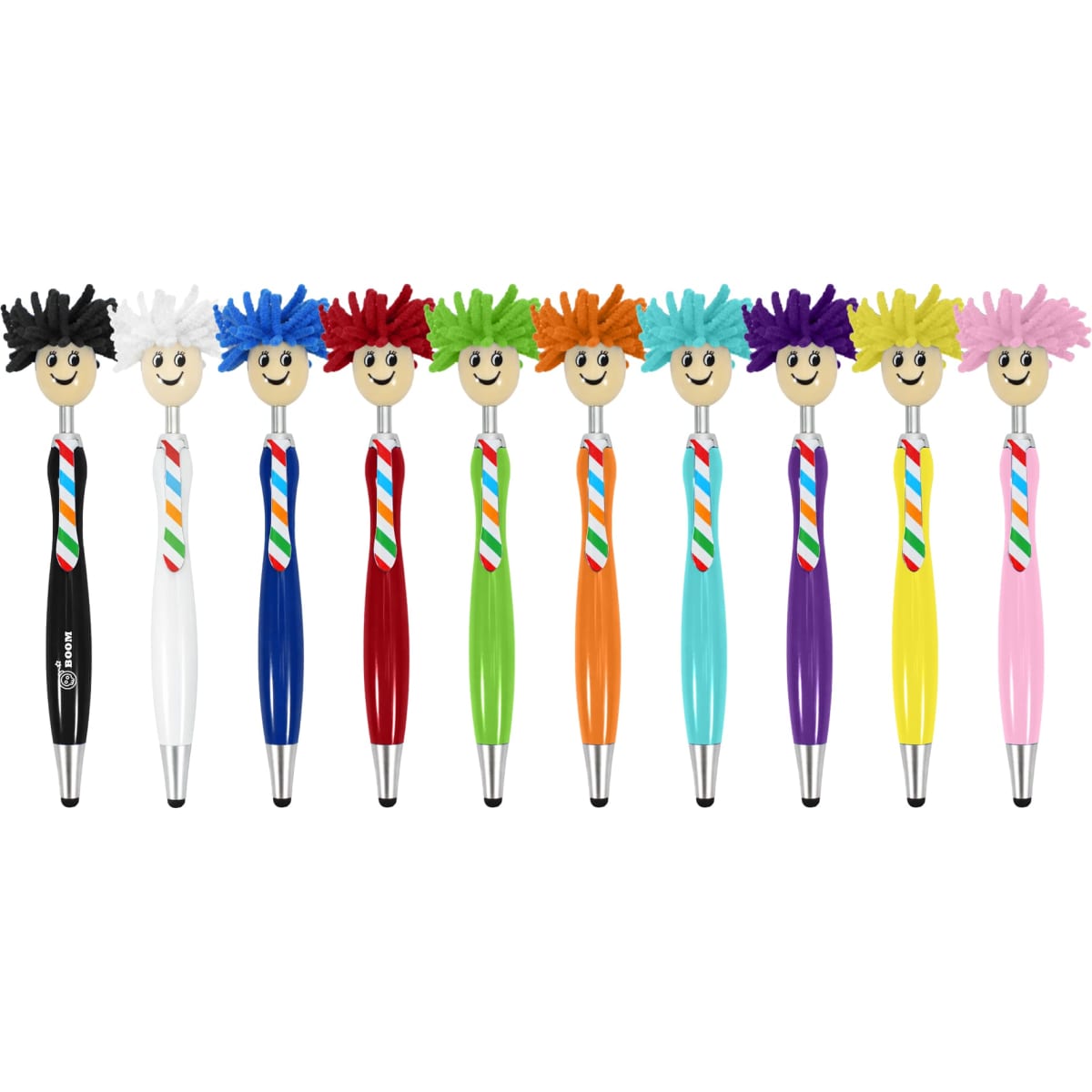 A collection of ten Mop Topper pens in various colours, each featuring a cheerful, fuzzy-haired character on top.