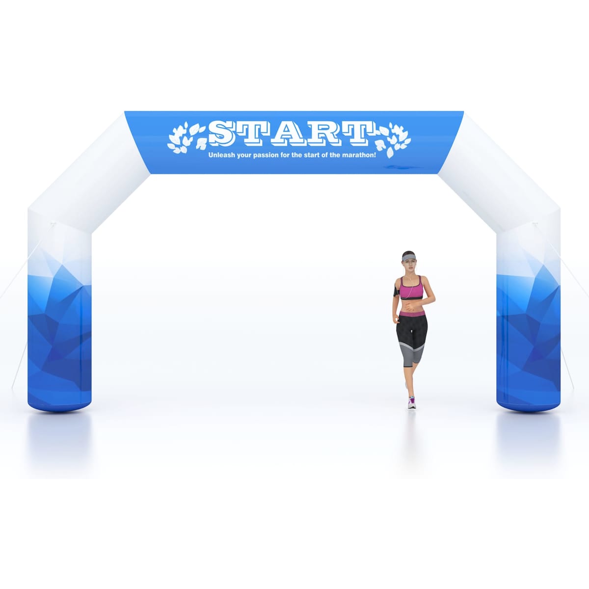 A large inflatable arch in blue and white, featuring a logo, with a runner passing through it.