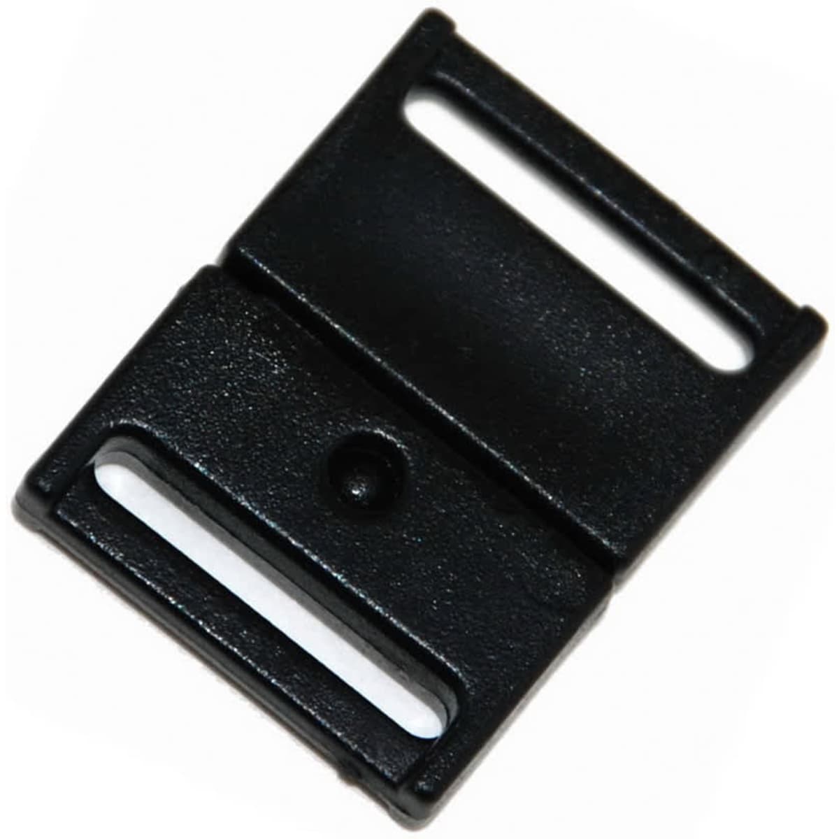A black safety breakaway clip, featuring two slot openings and a central hole for attachment.