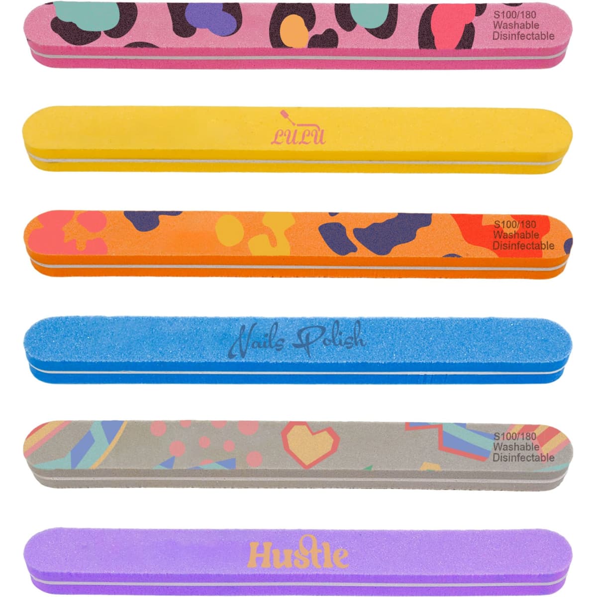 A set of sponge straight shape nail files in various vibrant colours and patterns, featuring branding on some files.