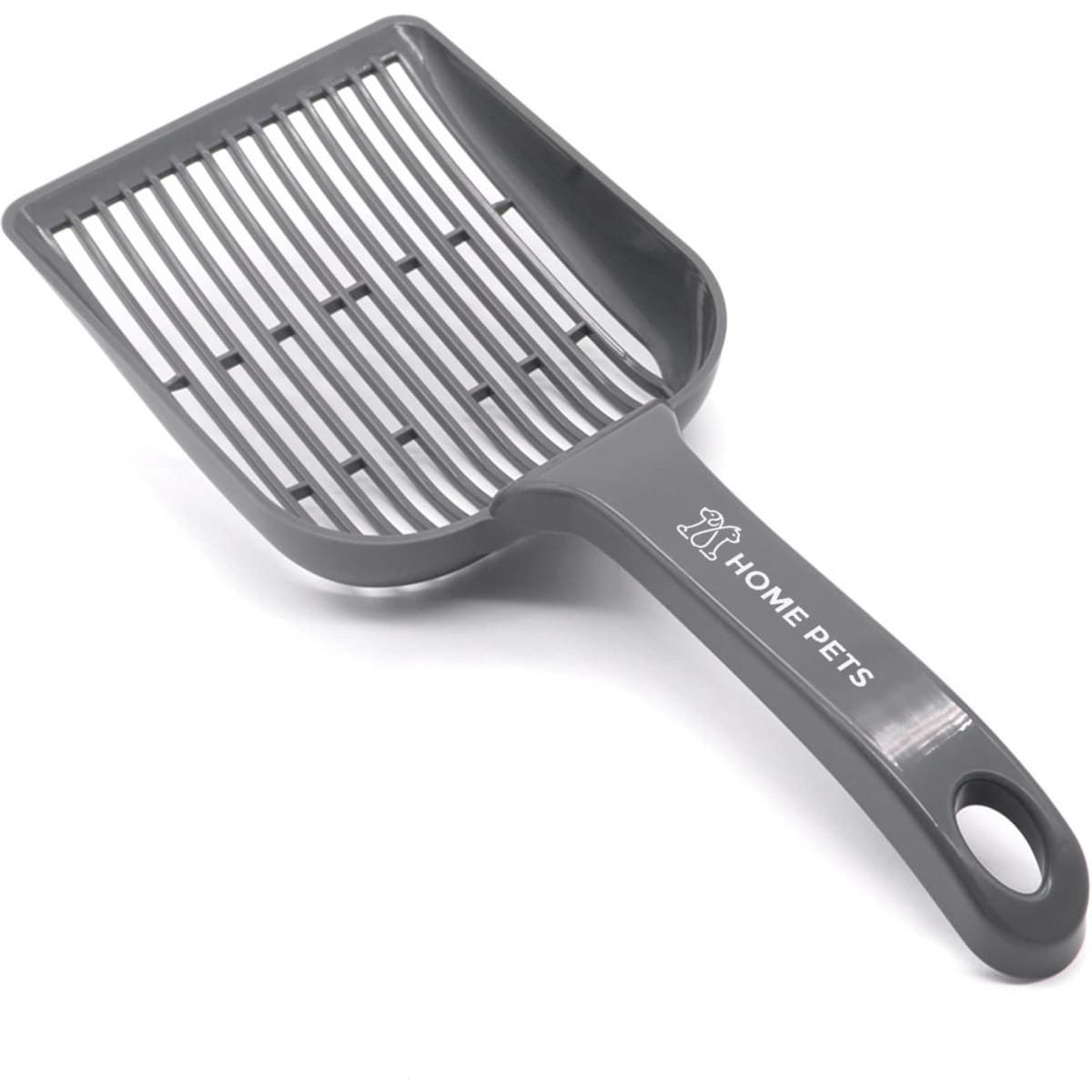 A large grey cat litter scoop with a slotted design and a handle, featuring a logo on the side.