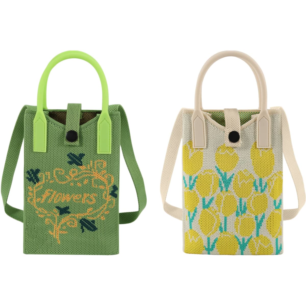 Two knitted phone crossbody bags in green and cream, featuring floral designs and handles. One has a logo.