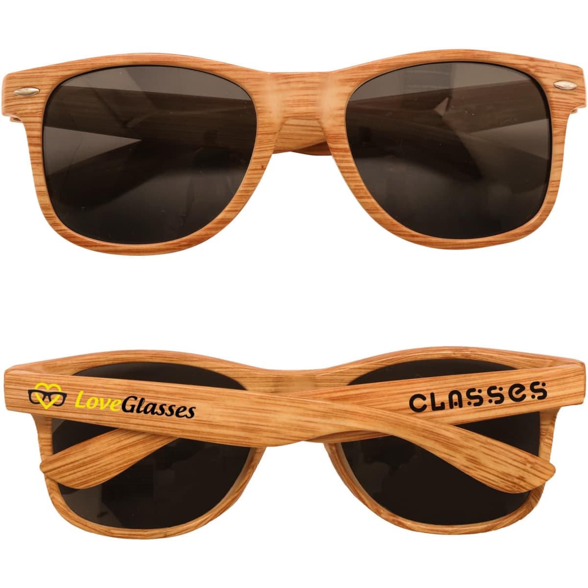 Wooden sunglasses in a light brown finish with dark lenses and a logo on the side.