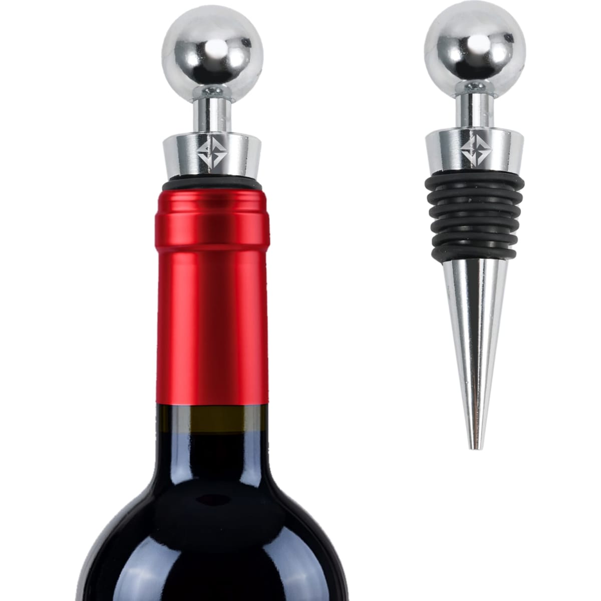 A drink bottle features two vacuum sealed bottle stoppers in silver and black, with a shiny spherical top.