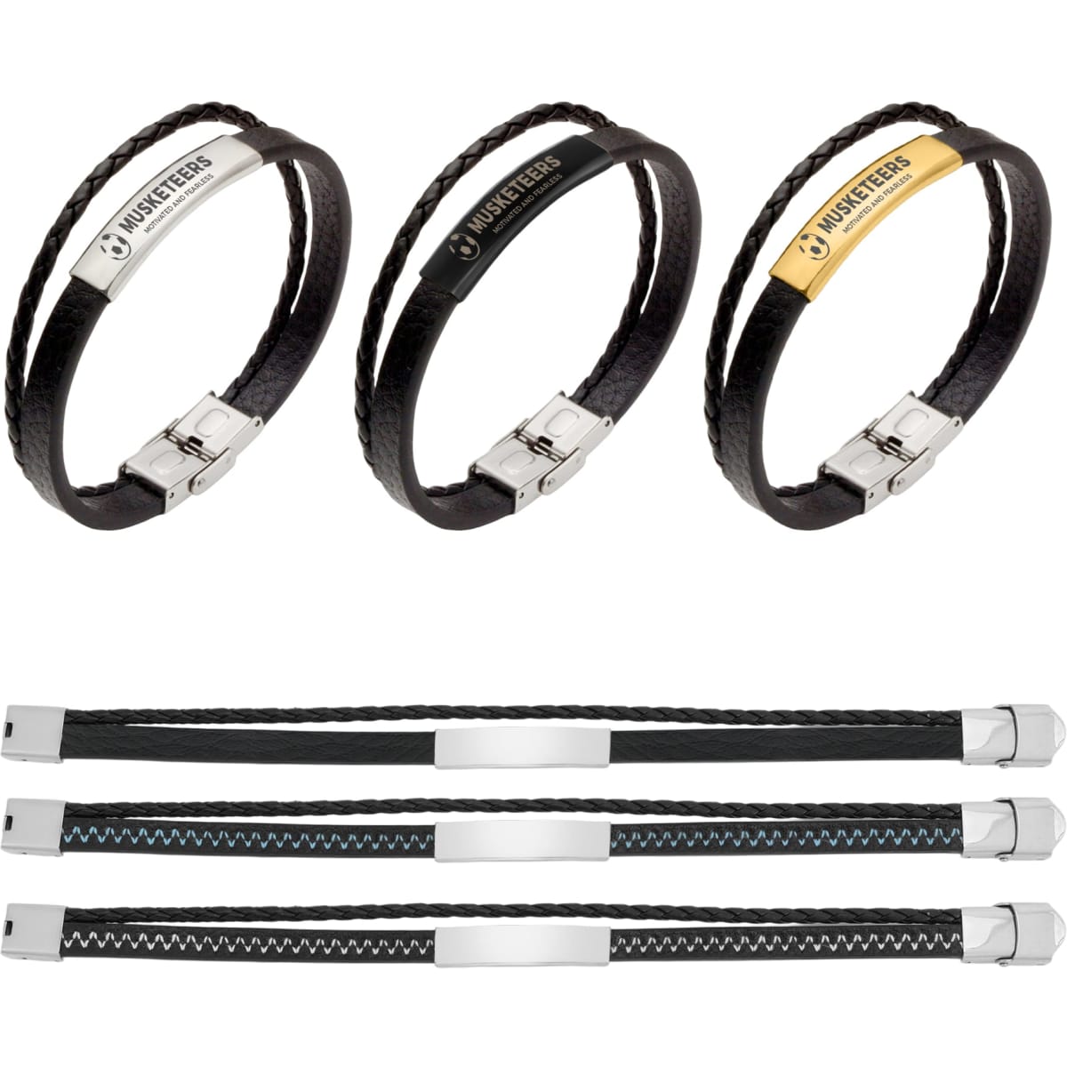 A set of double-layer leather bracelets in black and gold, featuring metal clasps and branding.