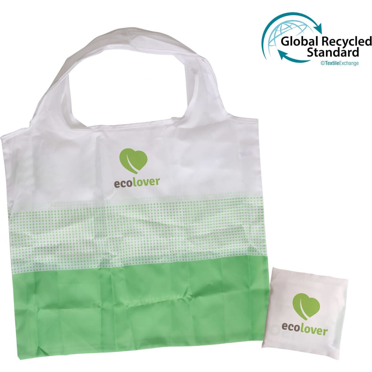 A foldable shopping bag in white and green with a branding logo, accompanied by a compact storage pouch.