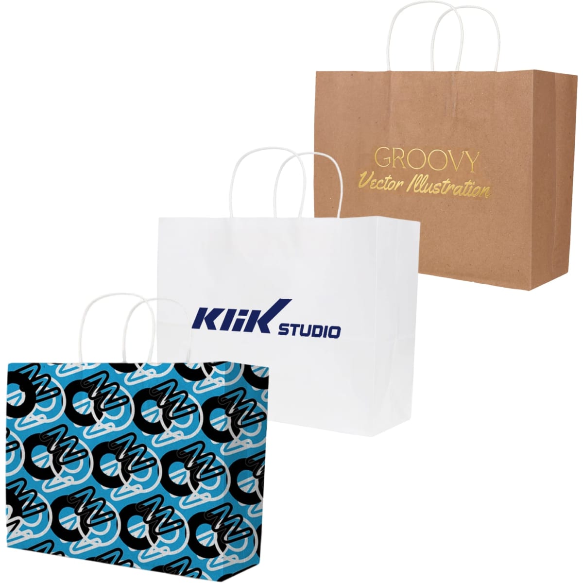 Three paper bags displayed: a brown kraft bag, a white bag with a logo, and a blue patterned bag.