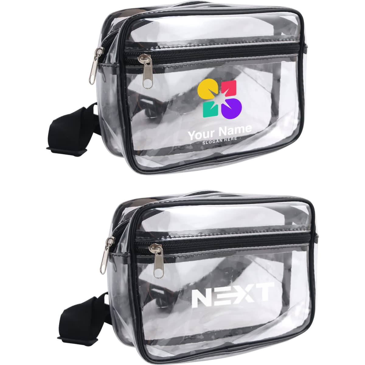 A clear fanny pack with a black zip and adjustable strap, featuring a logo on the front.