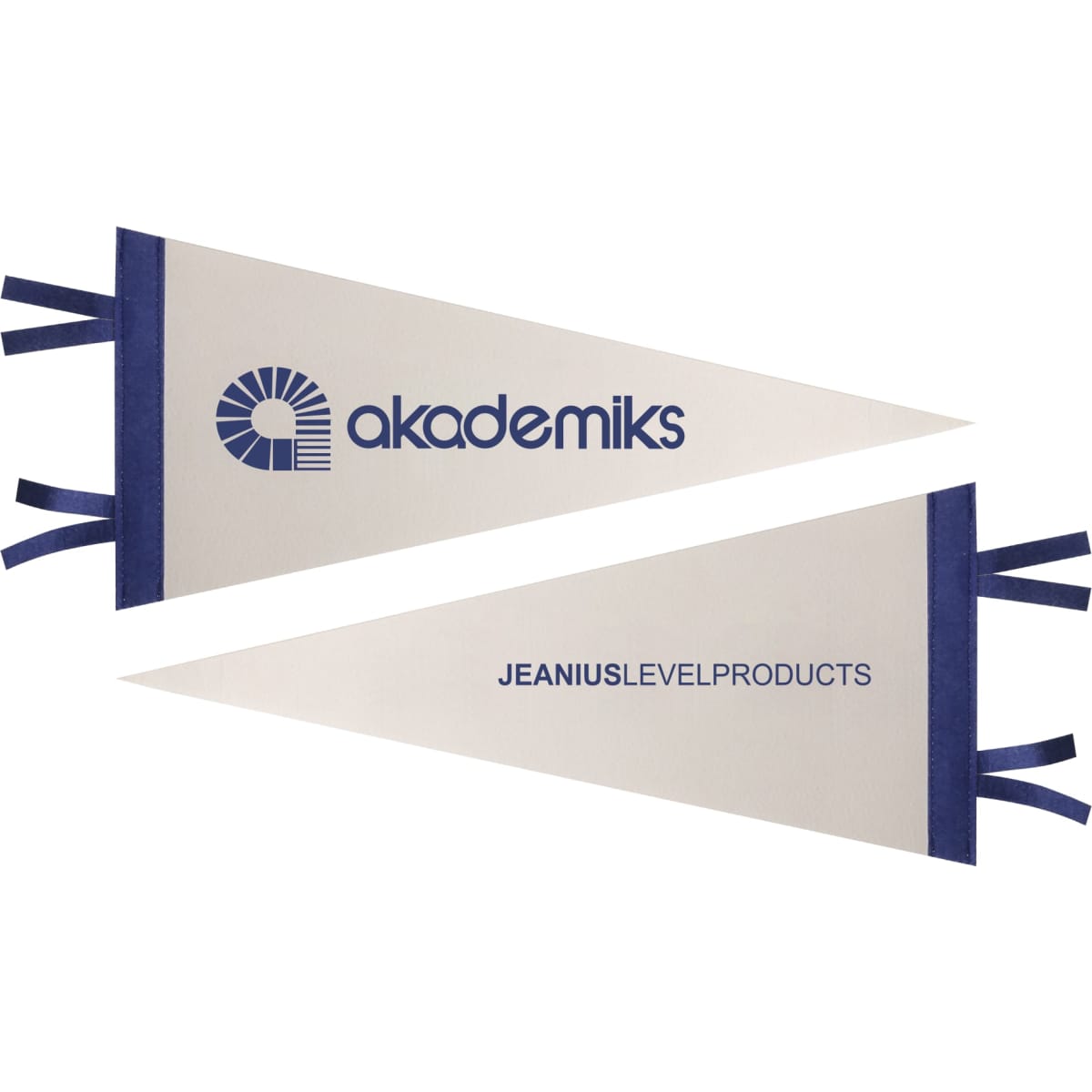 A felt pennant featuring navy blue and cream colours, with a logo on both sides and decorative ties.