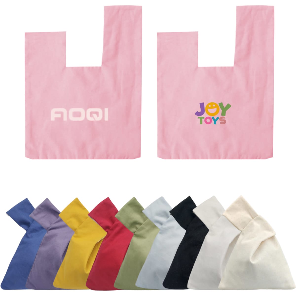 A cotton wrist bag in pink with a logo, alongside bags in various colours including yellow, green, purple, and blue.