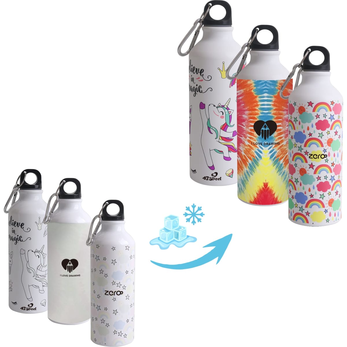 A drink bottle featuring various colourful designs, a black cap, and a metal finish. It has a logo on it.