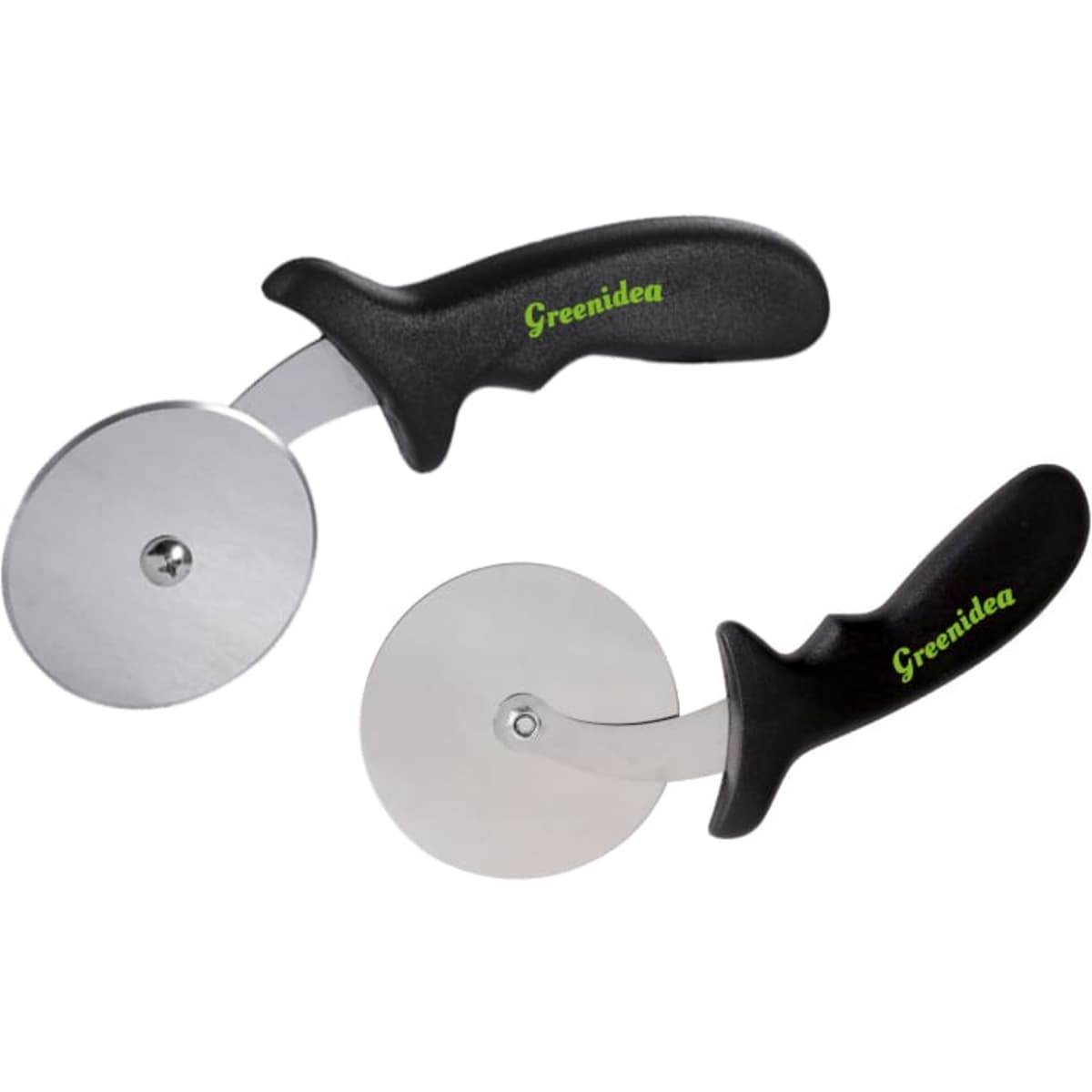 A pizza cutter set featuring two stainless steel blades with black handles, one larger and one smaller.