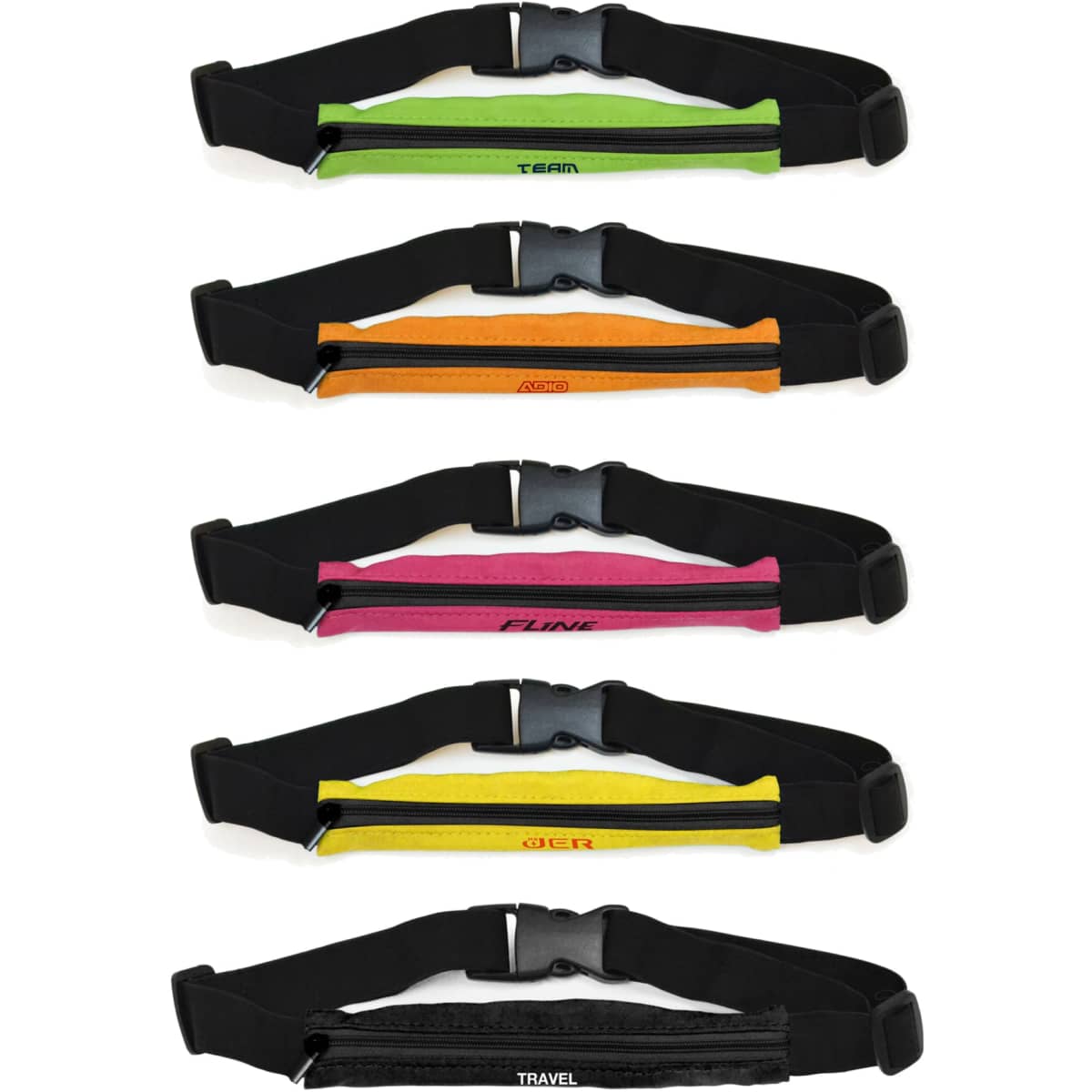 A range of running belts in vibrant colours including green, orange, pink, yellow, and black, with adjustable straps.