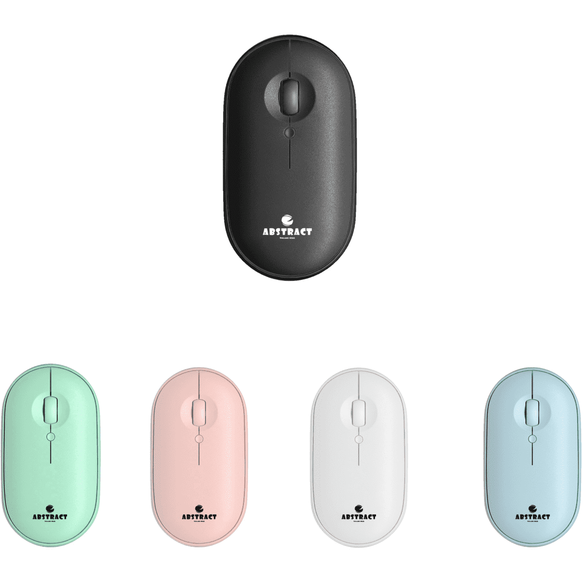 A Slim Wireless Travel Mouse in black, mint green, pale pink, white, and light blue, featuring a logo.
