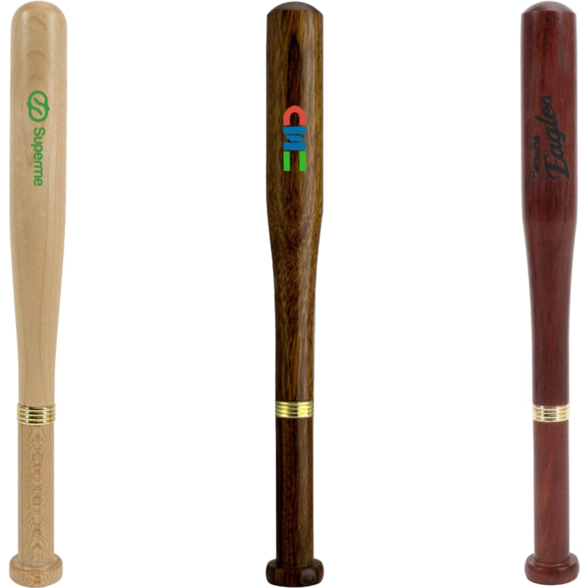 A baseball bat-shaped pen in wood tones, featuring different logos and finishes, including natural and dark hues.